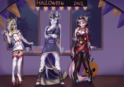 Size: 4096x2887 | Tagged: safe, artist:sugarypolecat, derpibooru import, oc, oc:sketch blackwing, oc:sugar polecat, anthro, unicorn, breasts, cleavage, clothes, crossdressing, female, halloween, high heels, holiday, lipstick, male, mare, nurse outfit, pumpkin, shoes, stallion, vampire costume, window