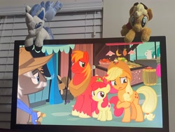 Size: 4032x3024 | Tagged: safe, artist:allunacraft, derpibooru import, apple bloom, applejack, big macintosh, burnt oak, irl, photo, plushie, pokémon, ponyta, rapidash, television