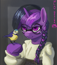 Size: 3697x4167 | Tagged: safe, artist:zlatdesign, derpibooru import, oc, oc:lunar shift, alicorn, bird, pony, unicorn, braid, cute, cutie mark, female, glasses, horn, solo, traditional clothing, ukraine, ukranian, unicorn oc