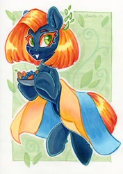 Size: 1452x2048 | Tagged: safe, artist:dandy, oc, oc only, oc:sweet peace, earth pony, bowl, colored eyelashes, ear fluff, ears, earth pony oc, female, flag, fruit, looking at you, mare, marker, raffle prize, smiling, solo, traditional art, ukraine