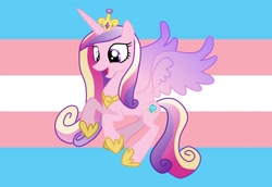 Size: 1570x1080 | Tagged: safe, princess cadance, alicorn, pony, crown, female, flying, horn, jewelry, mare, multicolored mane, multicolored tail, open mouth, pink coat, regalia, smiling, solo, spread wings, transgender pride flag, wings