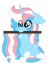 Size: 1017x1199 | Tagged: safe, artist:expert_geek, oc, oc only, pony, unicorn, blue coat, coat markings, eye clipping through hair, horn, mouth hold, multicolored mane, multicolored tail, ponified, pride, pride flag, raised hoof, raised leg, simple background, sitting, socks (coat marking), solo, species swap, transgender pride flag, unicorn oc, white background