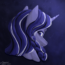 Size: 4000x4000 | Tagged: safe, artist:stardustspix, oc, oc only, oc:coral eve, pony, unicorn, fallout equestria, fallout equestria: murky number seven, abstract background, braid, bust, cracked horn, female, looking at you, looking back, looking back at you, mare, portrait, solo, sternocleidomastoid