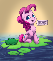 Size: 1967x2262 | Tagged: safe, artist:taytinabelle, color edit, derpibooru exclusive, derpibooru import, edit, editor:maonyman, pinkie pie, earth pony, frog, pony, :<, chest fluff, colored, dialogue, ear fluff, ears, eye reflection, female, happy, lilypad, looking at you, mare, open mouth, raised hoof, raised leg, reflection, smiling, solo, speech bubble, sunrise, water