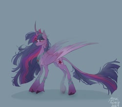 Size: 1511x1316 | Tagged: safe, artist:petaltwinkle, derpibooru import, twilight sparkle, twilight sparkle (alicorn), alicorn, classical unicorn, pony, blue background, cloven hooves, concave belly, crown, curved horn, ear piercing, earring, horn, jewelry, large wings, leonine tail, long mane, peytral, piercing, regalia, signature, simple background, solo, tail, tall, ultimate twilight, unshorn fetlocks, wings