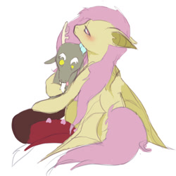 Size: 1337x1336 | Tagged: safe, artist:vilesmell, derpibooru import, discord, fluttershy, bat pony, pony, bat ponified, crush plush, flutterbat, implied discoshy, implied shipping, implied straight, plushie, race swap, simple background, solo, white background
