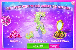 Size: 1962x1301 | Tagged: safe, derpibooru import, idw, merpony, advertisement, costs real money, english, female, gameloft, gem, idw showified, mare, mirror, mobile game, my little pony: magic princess, numbers, official, sale, solo, solo focus, text, unnamed character, unnamed merpony