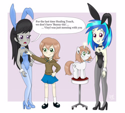 Size: 3273x2975 | Tagged: safe, artist:bageloftime, derpibooru import, dj pon-3, octavia melody, vinyl scratch, oc, oc:healing touch, human, unicorn, equestria girls, annoyed, bunny suit, checkup, clothes, commission, concerned, costume, female, filly, foal, hoodie, skirt, speech bubble, stethoscope