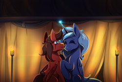 Size: 3000x2000 | Tagged: safe, artist:littletigressda, derpibooru import, princess luna, oc, oc:elias bright, oc:red, alicorn, bat pony, fanfic:the centurion project, fanfic art, female, male, mare, stallion, tent, torch