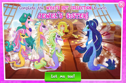 Size: 1962x1298 | Tagged: safe, derpibooru import, merpony, advertisement, collection, english, female, gameloft, group, jewel, jewel's sister, jewelry, mare, mobile game, my little pony: magic princess, necklace, official, text, unnamed character, unnamed merpony