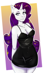 Size: 1474x2499 | Tagged: safe, artist:sharly, derpibooru import, rarity, anthro, unicorn, arm behind back, black dress, breasts, cleavage, clothes, dress, female, little black dress, outline, passepartout, raritits, solo, white outline