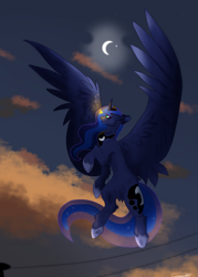 Size: 2611x3645 | Tagged: safe, artist:itzlarinda17, derpibooru import, princess luna, alicorn, firefly (insect), insect, flying, moon, sky, stars