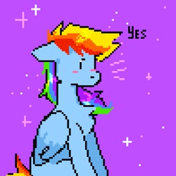 Size: 777x778 | Tagged: safe, artist:greatsunflow42, derpibooru import, rainbow dash, pegasus, pony, pixel art, purple background, simple background, solo, yes