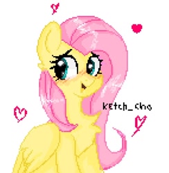 Size: 712x730 | Tagged: safe, artist:greatsunflow42, derpibooru import, fluttershy, pegasus, pony, blushing, chest fluff, heart, looking sideways, pixel art, simple background, solo, white background