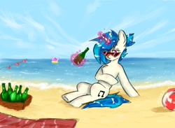 Size: 2048x1502 | Tagged: safe, artist:greatsunflow42, derpibooru import, dj pon-3, pinkie pie, vinyl scratch, pony, unicorn, ball, beach, bottle, inner tube, magic, pool toy, solo focus, sunglasses, telekinesis, towel, water