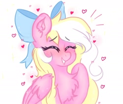 Size: 2048x1740 | Tagged: safe, artist:greatsunflow42, derpibooru import, oc, oc only, oc:bay breeze, pegasus, pony, bow, chest fluff, emanata, eyes closed, hair bow, simple background, smiling, solo, white background