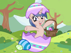 Size: 1033x774 | Tagged: safe, artist:starlingsentry27, derpibooru import, oc, oc only, unicorn, basket, bipedal, easter, easter basket, easter egg, excited, female, flower, grass, hill, holiday, horn, mare, outdoors, solo, tree, unicorn oc