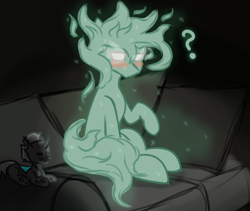 Size: 2194x1856 | Tagged: safe, artist:ashel_aras, derpibooru import, oc, oc only, changeling, ghost, ghost pony, pony, undead, dark background, duo, embarrassed, looking at you, lying down, pleased, prone, question mark, sitting, sofa
