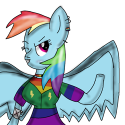 Size: 1000x1000 | Tagged: safe, derpibooru import, rainbow dash, anthro, pegasus, arm hooves, bandage, clothes, ear piercing, earring, female, jewelry, mare, piercing, simple background, solo, spread wings, white background, wings