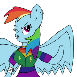 Size: 1000x1000 | Tagged: safe, derpibooru import, rainbow dash, anthro, pegasus, arm hooves, bandage, clothes, ear piercing, earring, jewelry, piercing, simple background, solo, spread wings, white background, wings