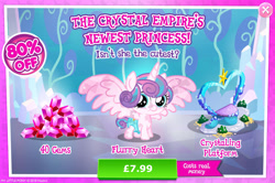 Size: 1956x1301 | Tagged: safe, derpibooru import, princess flurry heart, alicorn, crystal pony, pony, advertisement, bush, costs real money, crystallized, cute, diaper, english, female, filly, flurrybetes, foal, gameloft, gem, horn, mare, mobile game, my little pony: magic princess, numbers, official, sale, solo, solo focus, spread wings, text, wings