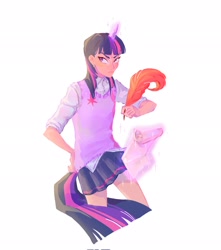 Size: 1807x2048 | Tagged: safe, artist:la_ma_grama, derpibooru import, twilight sparkle, human, clothes, female, horn, horned humanization, humanized, light skin, magic, quill, scroll, simple background, skirt, solo, tail, tailed humanization, telekinesis, white background