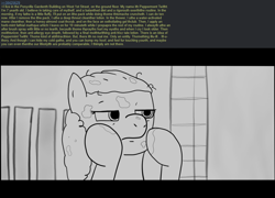 Size: 1104x794 | Tagged: safe, artist:zan logemlor, derpibooru import, twist, earth pony, pony, american psycho, female, filly, foal, greentext, patrick bateman, solo, text