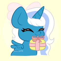 Size: 2050x2050 | Tagged: safe, artist:pen-art78, derpibooru import, oc, oc only, oc:fleurbelle, alicorn, adorabelle, alicorn oc, bow, cute, female, hair bow, happy, horn, mare, mouth hold, ocbetes, present, simple background, smiling, wings, yellow background