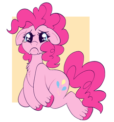 Size: 700x750 | Tagged: safe, artist:lulubell, derpibooru import, pinkie pie, earth pony, pony, :c, chest fluff, crying, ears, floppy ears, frown, kneeling, sad, simple background, solo, teary eyes, unshorn fetlocks, white background