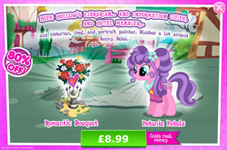 Size: 1957x1297 | Tagged: safe, derpibooru import, petunia petals, earth pony, pony, advertisement, bouquet, clothes, costs real money, english, female, flower, flower in hair, gameloft, mare, mobile game, my little pony: magic princess, numbers, official, sale, solo, solo focus, text