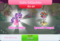Size: 1263x860 | Tagged: safe, derpibooru import, petunia petals, earth pony, pony, bouquet, bundle, clothes, costs real money, english, female, flower, flower in hair, gameloft, mare, mobile game, my little pony: magic princess, numbers, official, sale, solo, solo focus, text