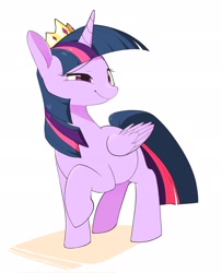 Size: 1663x2048 | Tagged: safe, artist:cheesesauce_45, derpibooru import, twilight sparkle, twilight sparkle (alicorn), alicorn, pony, crown, jewelry, raised hoof, raised leg, regalia, simple background, smiling, solo, standing, white background