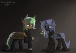 Size: 3825x2700 | Tagged: safe, artist:ashel_aras, derpibooru import, oc, oc only, bat pony, changedling, changeling, hybrid, zebra, cigarette, clothes, dark background, dissatisfied, duo, lighter, magic, misunderstanding, offering, telekinesis