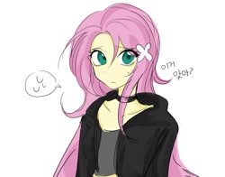 Size: 1060x829 | Tagged: safe, artist:rainbom__1122, derpibooru import, fluttershy, human, equestria girls, bust, choker, clothes, female, hoodie, simple background, solo, white background