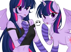 Size: 1139x836 | Tagged: safe, artist:rainbom__1122, derpibooru import, twilight sparkle, twilight sparkle (alicorn), alicorn, human, pony, equestria girls, chest fluff, clothes, duo, ear piercing, female, human ponidox, piercing, self paradox, self ponidox, simple background, socks, striped socks, white background, wings