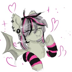 Size: 631x637 | Tagged: safe, artist:greatsunflow42, derpibooru import, oc, oc only, oc:gravel shine, bat pony, pony, arm warmers, clothes, ear piercing, earring, eyes closed, fangs, heart, jewelry, not fluttershy, piercing, solo