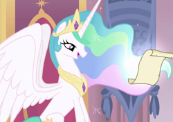 Size: 1527x1080 | Tagged: safe, derpibooru import, screencap, princess celestia, alicorn, pony, season 1, season 2, cropped, crown, ethereal mane, ethereal tail, female, horn, intro, jewelry, mare, regalia, solo focus, spread wings, tail, wings