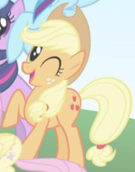 Size: 312x396 | Tagged: safe, derpibooru import, screencap, applejack, earth pony, pony, season 1, season 2, applejack's hat, clothes, cowboy hat, cropped, female, hat, intro, mare, solo focus