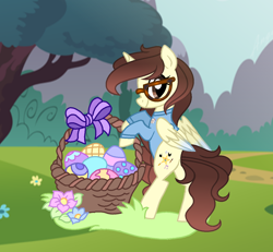 Size: 1300x1200 | Tagged: safe, artist:darbypop1, derpibooru import, oc, oc:darby, alicorn, pony, basket, easter egg, female, glasses, mare, solo