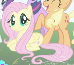 Size: 388x342 | Tagged: safe, derpibooru import, screencap, fluttershy, pegasus, pony, season 1, season 2, cropped, female, folded wings, intro, mare, solo focus, wings