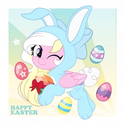 Size: 1773x1773 | Tagged: safe, artist:jhayarr23, derpibooru import, oc, oc only, oc:bay breeze, pegasus, pony, animal costume, bunny costume, clothes, costume, cute, easter, egg, female, holiday, looking at you, mare, one eye closed, pegasus oc, solo, wink, winking at you