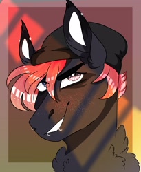 Size: 3134x3815 | Tagged: safe, artist:inisealga, derpibooru import, oc, oc only, oc:fae lagoon, hybrid, kelpie, pegasus, pony, beanie, bust, dyed hair, female, hat, hybrid oc, lip piercing, looking at you, mare, neck fluff, piercing, portrait, smiling, smiling at you, smirk, solo