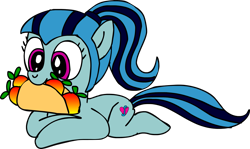 Size: 1909x1141 | Tagged: safe, artist:blackrhinoranger, derpibooru import, sonata dusk, earth pony, pony, female, food, fruit, lying down, mare, mouth hold, ponified, prone, simple background, smiling, solo, sonataco, species swap, taco, tail, that pony sure does love tacos, transparent background, wumpa fruit