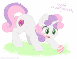 Size: 1200x928 | Tagged: safe, artist:higglytownhero, derpibooru import, sweetie belle, pony, unicorn, cute, dialogue, diasweetes, easter, easter egg, eye clipping through hair, eyebrows, eyebrows visible through hair, female, filly, foal, grass, holiday, horn, open mouth, open smile, smiling, solo, talking, the cmc's cutie marks
