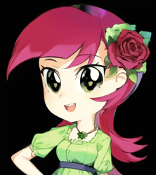 Size: 512x576 | Tagged: safe, artist:luckreza8, derpibooru import, machine learning generated, roseluck, human, equestria girls, :d, anime, black background, female, happy, open mouth, open smile, pinegraph, simple background, smiling, solo