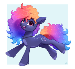 Size: 1446x1340 | Tagged: safe, artist:luminousdazzle, derpibooru import, oc, oc only, oc:polaris, earth pony, pony, back freckles, curly hair, curly mane, ear piercing, earring, earth pony oc, ethereal mane, female, freckles, galaxy mane, happy, jewelry, long mane, mare, necklace, open mouth, open smile, piercing, simple background, smiling, solo, starry mane
