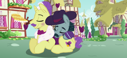 Size: 1024x473 | Tagged: safe, derpibooru import, dandy grandeur, turner mccolt, earth pony, pony, unicorn, awww, clothes, couple, cute, daaaaaaaaaaaw, duo, duo male, eyes closed, facial hair, gay, gay couple, hat, male, mccolt family, moustache, ponyville, stallion