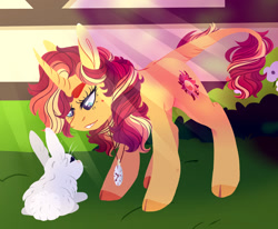 Size: 1280x1053 | Tagged: safe, artist:faritallkie, derpibooru import, sunset shimmer, classical unicorn, pony, rabbit, unicorn, animal, cloven hooves, crepuscular rays, female, jewelry, leonine tail, mare, necklace, redesign, solo, unshorn fetlocks, watch