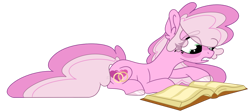 Size: 1280x573 | Tagged: safe, artist:maximumpiracy, derpibooru import, oc, oc:always & forever, earth pony, pony, book, female, lying down, magical lesbian spawn, mare, offspring, parent:cheerilee, parent:nurse redheart, prone, simple background, transparent background