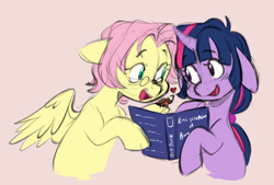 Size: 3693x2492 | Tagged: safe, artist:chub-wub, derpibooru import, fluttershy, twilight sparkle, unicorn twilight, beetle, insect, pegasus, pony, unicorn, alternate hairstyle, beige background, book, cute, duo, duo female, ears, female, floppy ears, glasses, heart, mare, open mouth, personality swap, role reversal, shyabetes, simple background, twiabetes